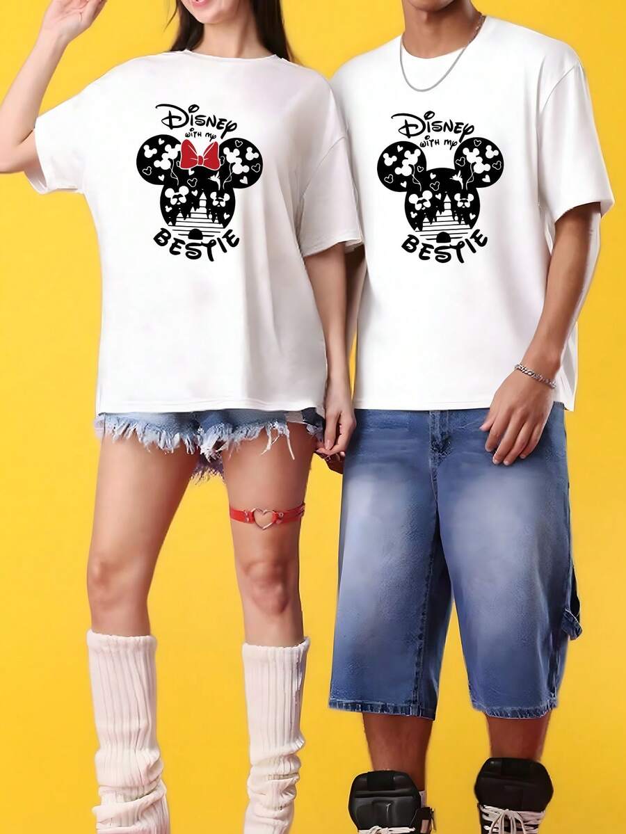 DISNEY Mickey & "Bestie" T-Shirt Suitable For Men & Women - Mickey Ears & Minnie Print Crew Neck Short Sleeve Tee, Loose Slimming Fit For, Dates, Campus - Casual Summer Outfits For Students, Couples (Machine Washable) - 男士T卹 - 查看 1