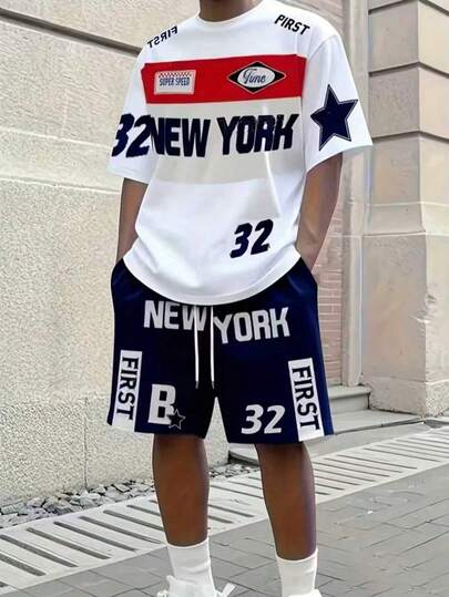 男士新款休闲字母印花短袖T恤+短裤套装，时尚街头风，适合日常穿着，运动休闲男士的理想之选。