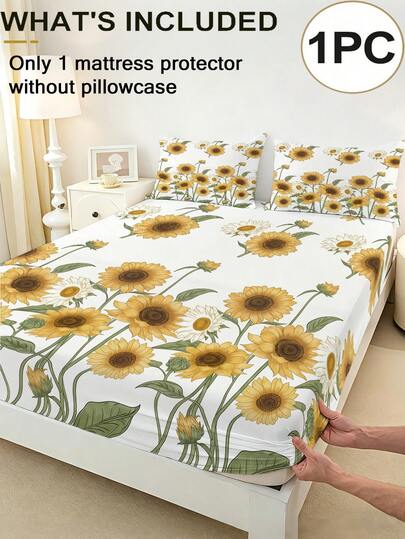 1pc Sunflower Print Fitted Sheet (Skirt Only, No Pillowcase), Soft & Breathable 100% Polyester Mattress Cover, Fits Full/Queen/King Size Beds. Suitable For Bedroom, Guest Room, Dorm, Hotel, All Seasons
