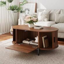 Oval Rattan Coffee Table With Sliding Doors, Wood-Look Finish, Metal Legs, Multifunctional Living Room Table With Storage Space - 卡其色 - 查看 4