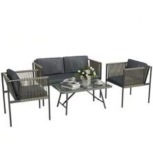 4-Piece Garden Furniture Set: 1 Sofa, 2 Armchairs, 1 Table With Glass Top, Cushions, Steel Frame, Synthetic Rattan, Grey Color. - Grey - View 1