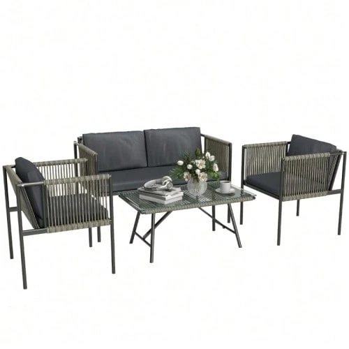 4-Piece Garden Furniture Set: 1 Sofa, 2 Armchairs, 1 Table With Glass Top, Cushions, Steel Frame, Synthetic Rattan, Grey Color. - Grey - View 1