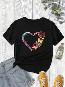 Playera de  con Estampado de Corazón y Mariposas Coloridas Estilo Casual Manga Corta Cuello Redondo Suave Aesthetic - Negro - Ver 3