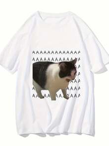 T-shirt décontracté et confortable pour hommes et femmes, imprimé avec un chat triste et pleurant, un mème amusant et à la mode. Lavable en machine. - Blanc - Voir 4
