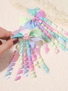 2pcs/Set Gradient Rainbow Curly Bow Hair Ties, Satin Scrunchies With High Elasticity, Versatile & Damage-Free For School/Party Hair Styling - Mixed color - View 4