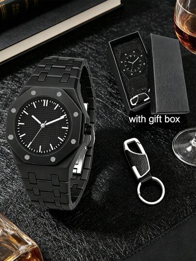 Bộ 2 chiếc đồng hồ thể thao nam MSRYPE Quartz kèm móc khóa, chất liệu nhựa cao cấp, màu đen thân thiện với da, thích hợp đeo hàng ngày, làm quà tặng ngày lễ, ngày Valentine, ngày của Cha, đóng hộp.