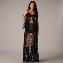 Women Cami Top Sleeveless Lace Patchwork Cutout Longline Top For Spring Summer Party Going Out, Retro Goth Y2K Style With Sheer Floral Lace, Scallop Trim And Irregular Maxi Hem - 黑色 - 查看 4