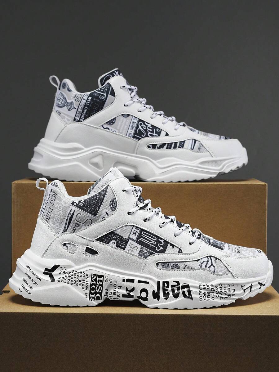Zapatos deportivos casuales de hombre con bloqueo de color negro y blanco, estampado aleatorio de retazos, moda de nicho con letras de graffiti, cómodos tenis con cordones y amortiguación para correr, para parejas