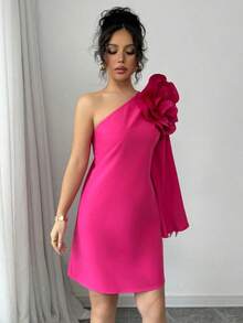 Elegante vestido rojo con diseño floral 3D para fiestas navideñas, citas y cenas de mujeres - Rojo - Ver 3
