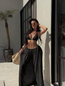 Solid Color Mesh Maxi Skirt Bikini 3-Piece Set With Halter Neck Deep V Swimwear, Triangle Bottoms, Suitable For Vacation, Casual, Elegant, Minimalist, Sexy Bohemian Backless Tie-Up Net Splice Holiday, Party, Beach, Vacation Pants Summer - 黑色 - 查看 3