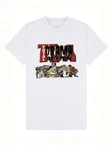 Camiseta de manga corta con cuello redondo suave y casual para mujer, estampado gráfico retro de dibujos animados, adecuada para uso diario en la calle. Negra. - Blanco - Ver 2