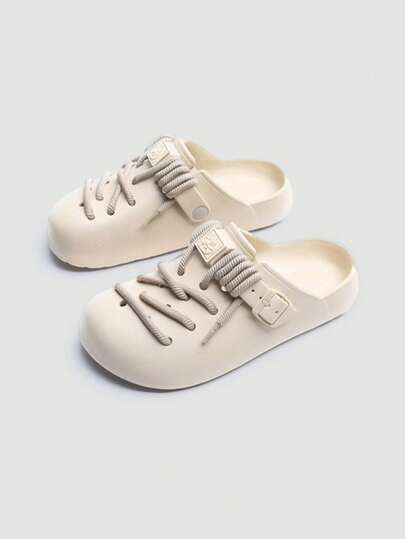 Jifffly 1 đôi dép lê unisex nhẹ, chống trơn trượt, có dây buộc trang trí tiện dụng, màu kaki, đế EVA mềm mại, giảm sốc, kiểu dáng thấp cổ, thích hợp cho hoạt động ngoài trời.