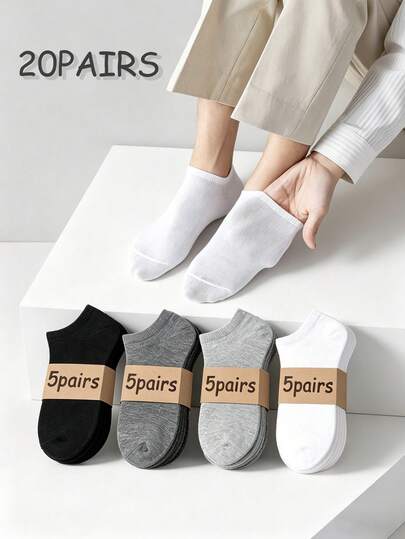 20 đôi tất nam trơn màu, kiểu dáng thuyền, đen/trắng/xám, tất ngắn đa năng phù hợp cho mặc hàng ngày, cỡ lớn.