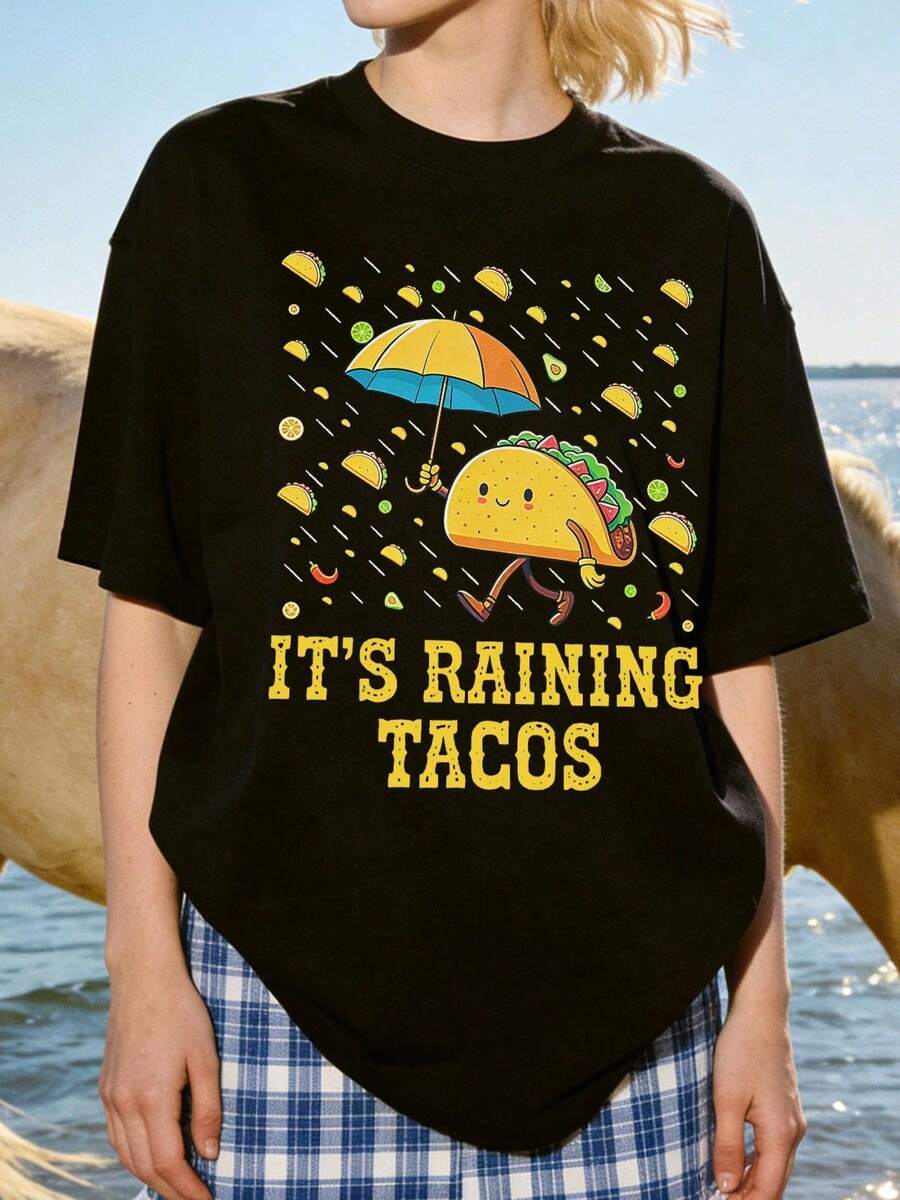 Women's Soft And Casual Short-Sleeved Crew Neck T-Shirt With A Fun Graphic Print Of Tacos In The Rain, Suitable For Everyday Casual Wear. White. - 黑色 - 查看 1