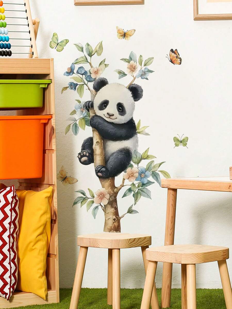 1 miếng dán tường hình gấu trúc dễ thương đang leo cành, bướm và hoa, có thể tháo rời, dùng trang trí phòng ngủ, phòng khách, phòng trẻ em. - 1PC - Xem 1