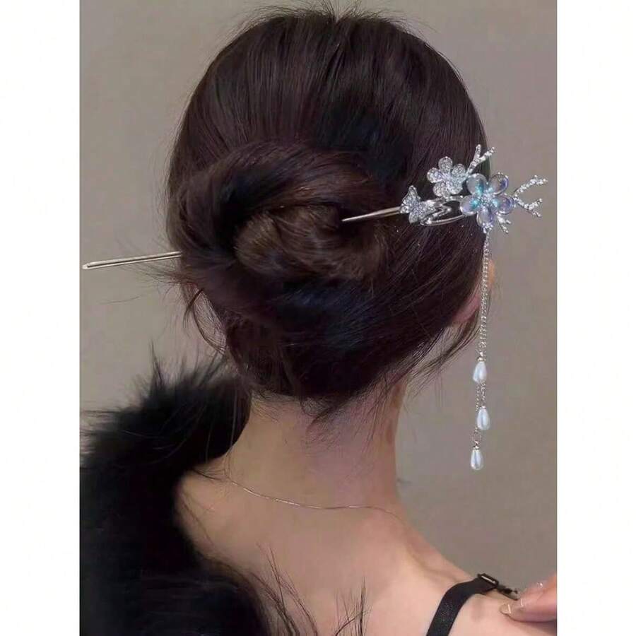1pc Colorful Crystal Flower, Butterfly & Branch Decor Faux Pearl Tassel Alloy Hair Clip, Bun Extension, Hair Styling Pins, Hair Accessories For Women - Bạc - Xem 1
