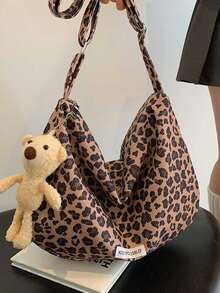 Leopard Print Corduroy Crossbody Bag With A Teddy Bear Charm - A Casual Sporty Dumpling Bag With An Adjustable Shoulder Strap. A New Autumn/Winter Corduroy Bag For Students, This Versatile Crossbody Bag Is Lightweight, Features A Zip Closure, Polyester Lining, Solid Color, And Distressed Trim Details. Suitable For Fashionable Women - Perfect For Everyday Use, Travel, And Shopping - The Perfect Gift For Girls And Young Women. - Multicolor - View 8