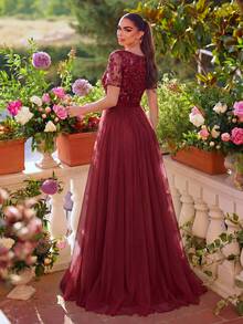 Faeriesty Glamorous Women's Round Neck Long Formal Dress Featuring Short Regular Sleeves And Contrast Sequin Detail On Soft Mesh Fabric - Red - View 2