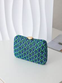 Peacock Pattern Woven Hard Case Evening Clutch, Luxury Niche Crossbody Chain Purse For Formal Occasions - Blue - View 2