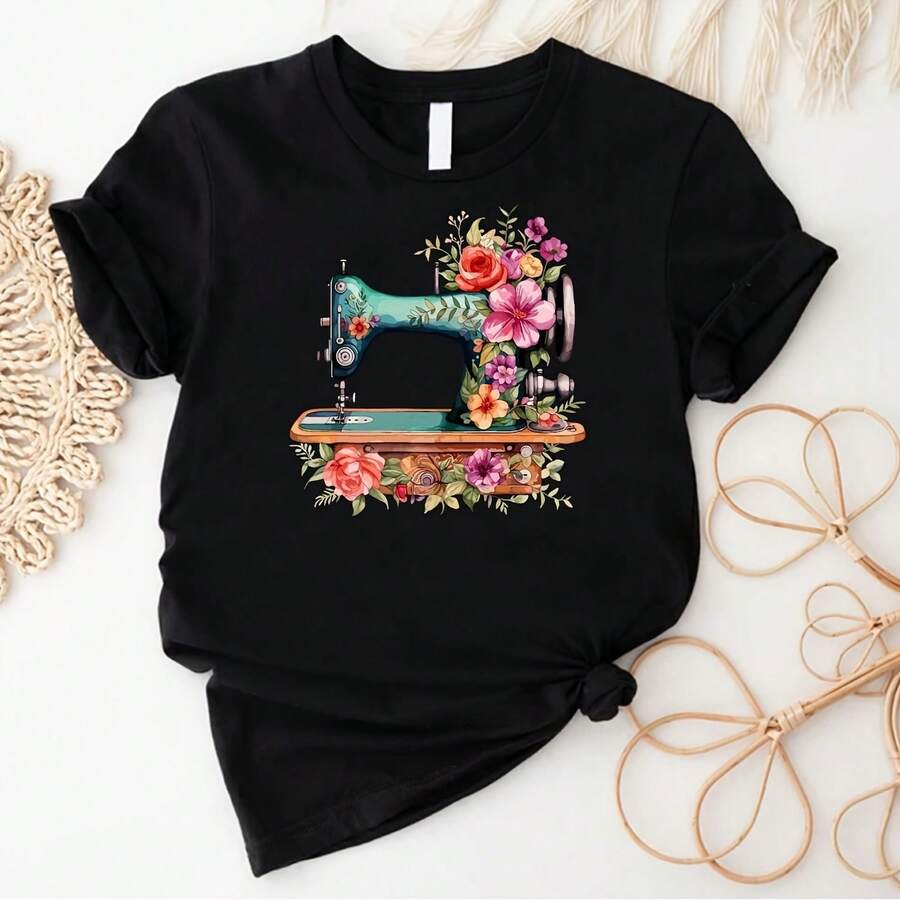 Floral Sewing Machine Shirt_ Quilter Gift Tee - Black - View 1