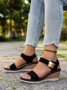 Plus Size Women's Retro Solid Color Buckle Platform Wedge Sandals,Summer Shoes - Black - View 2
