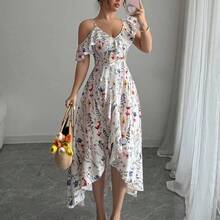 Women's Asymmetric Ruffle Hem Floral Print Elegant Vacation Dress - verde menta - Ver 2