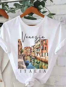 Camiseta gráfica de viaje italiana Wo - Blusa con estampado de canales venecianos y texto, camisa elástica/espandex para atuendo casual de vacaciones - Camiseta Wo lavable a máquina, camisetas para mujer, ropa de verano, suéter elegante, ajuste cómodo. - Blanco - Ver 7