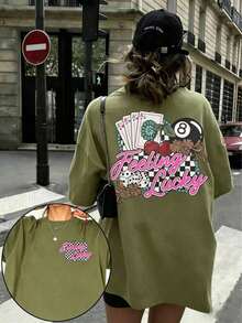 1pcsEMERY ROSE Graphic Tee Feeling Lucky Rodeo Shirt Retro Country Concert Top,Going Out Tops For Women Shine Print Cotton Tees Summer Casual Shirts - 橄欖綠 - 查看 14