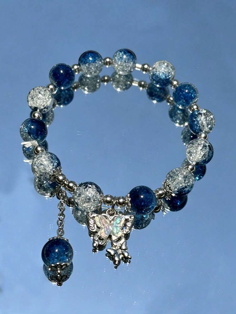 1pc Minimalist Versatile Elegant Beaded Butterfly Pendant Bracelet, Suitable For Girls - Blue - View 1