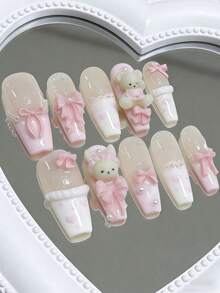 10 Móng Tay Giả Kiểu Pháp 3D Hình Gấu Teddy Dễ Thương Màu Hồng, Móng Tay Giả Kiểu Pháp Dài Hình Quan Tài, Trang Trí Với Những Chú Thỏ Nhỏ Dễ Thương, Ngọc Trai Trắng, Trái Tim Hồng Vẽ Tay, Nơ Hồng 3D, Chấm Bi và Mắt Mèo Bạc Lấp Lánh. Móng Tay Dễ Thương, Móng Tay Hồng, Móng Tay Ngày Valentine, Móng Tay Giả Acrylic. - Màu Hồng baby - Xem 3
