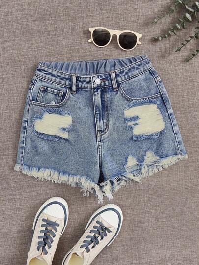 Girls' Elastic Waist Single Button Denim Shorts