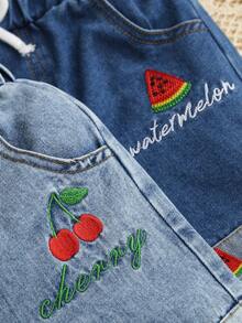 2pcs/Set Girls Summer Watermelon Cherry Embroidered Denim Shorts, Street Style Hemline Casual Denim Pants For Young GirlVacation - Multicolor - View 6
