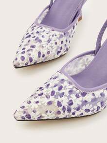 Tacones de aguja con estampado floral de malla y correa de tobillo, adecuados para bodas y fiestas - Lila Púrpura - Ver 4