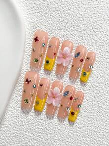 10Pcs Sweetheart Color Block Style Handmade Nail Art Set,Unghie Press On,Butterflies, Stars,DiamondsFive Petal Flower ,Yellow Nail Polish,Includes Nail Tools,3 Sizes Available,Almond Nails , Duck Nails,Coffin Nails For Party, Dance, Daily Wear. - 彩色 - 查看 11