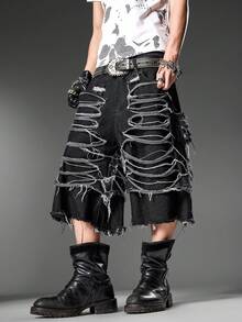 Men's American Street Retro Ripped Black Denim Five-Point Shorts, Loose Wide Leg Versatile All Season (Belt & Accessories Not Included) - Black - View 3