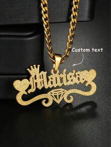 1pcGold Matte Custom Name Necklace Crown+Double Hearts+Diamond Decoration Pendant With Customizable Lettering Exclusive Cuban Chain Collarbone Chain Titanium Steel Stainless Steel Material No Fading Anti Allergic Hip-Hop Y2K Style Street Versatile Stacking Accessories - Frosted Necklace - View 2