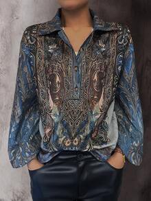 Women's Casual Ditsy Floral Drop Shoulder Long Sleeve Blouse, Versatile For Daily Wear, Autumn/Winter Spring Vacation - Blue - View 3