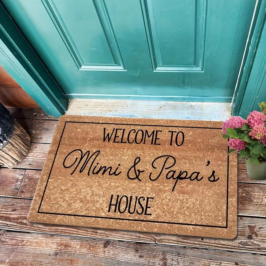 1pc 750gsm "Welcome To Mimi & Papa's House" Doormat - Family Love Theme With Floral Accents, High-Definition Printing, Durable Non-Woven Fabric & Rubber Backing, Easy To Clean Indoor/Outdoor Entryway Mat, Indoor Outdoor Mat, Welcoming Entrance Mat, Elegant Script Design - White - View 1
