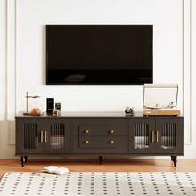 Mobile porta TV basso in stile retrò: maniglie dorate, ampio spazio contenitivo. Con a nta in vetro e gambe in legno massello. - nero - Visualizzare 6