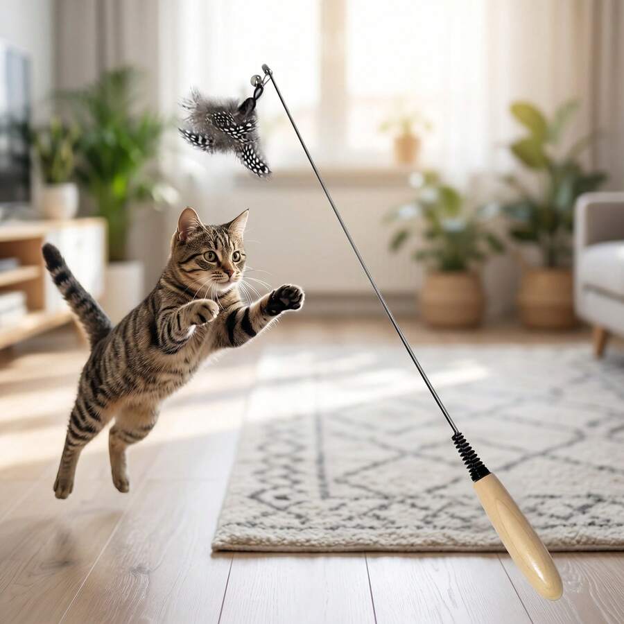 1个珍珠鸡羽毛猫逗猫棒玩具 - 查看 1