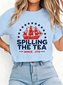 1pcsFunny 4th Of July Spilling The Tea Since 1773 Fourth Of July T-Shirt Print T-Shirt Casual Comfort Tee-Women Casual Going Out Tees - 淺藍色 - 查看 15