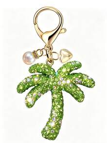Colorful Diamond Coconut Tree Keychain With Pearl Heart Pendant, Versatile Wallet Charm, Elegant Car Decor, Backpack Accessory, Suitable For Travel, Beach Party, Daily Fashion, Great Gift For Valentine's Day, Mother's Day, Independence Day, Wedding, Graduation - Multicolor - View 11