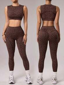 2pcs Women Seamless Leopard Print Compression Slim Fit Sleeveless Top And Cropped Leggings Sports Set For Running, Fitness, Yoga, Dance - 黑色 - 查看 1
