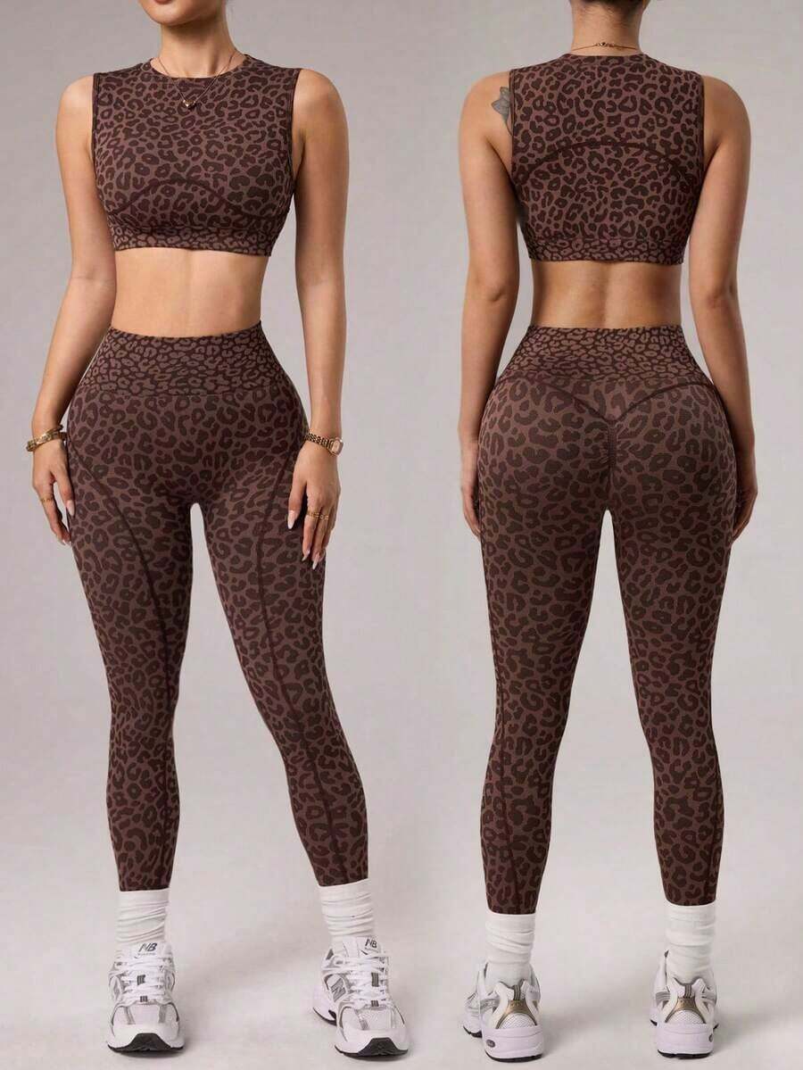 2pcs Women Seamless Leopard Print Compression Slim Fit Sleeveless Top And Cropped Leggings Sports Set For Running, Fitness, Yoga, Dance - 黑色 - 查看 1