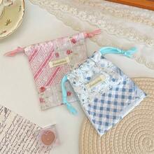 Ins-Style Floral Checkered Patchwork Drawstring Pouch, A Portable Storage Bag For Girls' Jewelry And Cosmetics - Multicolor - View 8