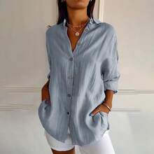 Women's Lightweight Long-Sleeved Blouse, Casual Summer Shirt - Blue 1 - View 5