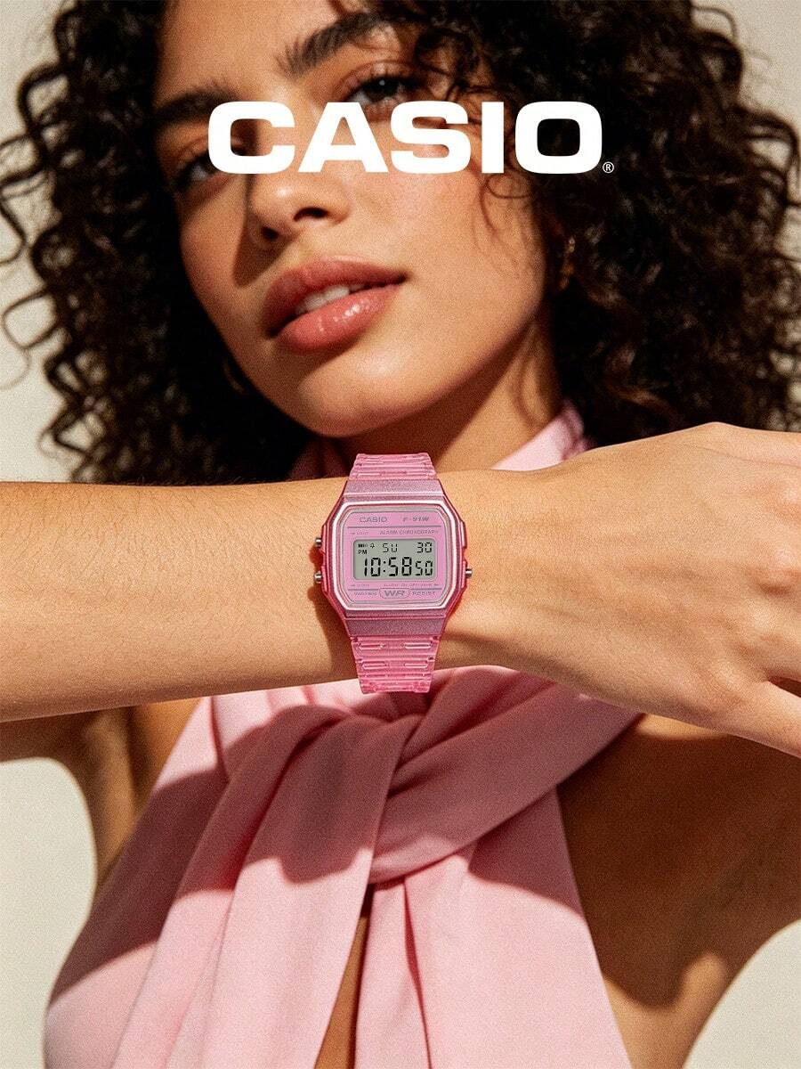 Casio 透明粉色树脂表带女士方形手表 F-91WS-4,果冻数字电子表,带闹钟、计时码表、防水功能,可爱Y2K风格,适合购物、约会、派对、情人节、生日等场合,是送给女朋友的理想礼物。 - 粉色 - 查看 1