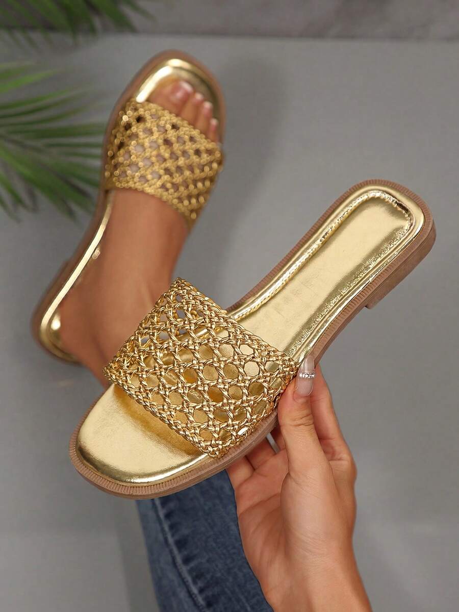Slippers Shoes For Women Hollowed-Out Flats Woven Mesh Slide Sandals Round Toe Casual Summer Footwear Outdoor Indoor - Vàng - Xem 1