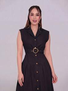 Elegant Midi Dress With A Fitted Waist, Belt, Classic Button-Down Collar, And A-Line Skirt. Features A Fitted Waist, Side Pockets, And A Decorative Detail. - 黑色 - 查看 3