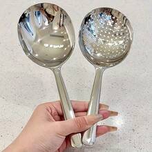 1 Pair Stainless Steel Large Serving Spoons, Suitable For Commercial And Home Kitchen Use, Large Spoon With Heat-Resistant Short Handle, Perforated For Easy Cleaning, Applicable For Restaurants, Catering And Home Use - Durable Stainless Steel - Multicolor - View 8